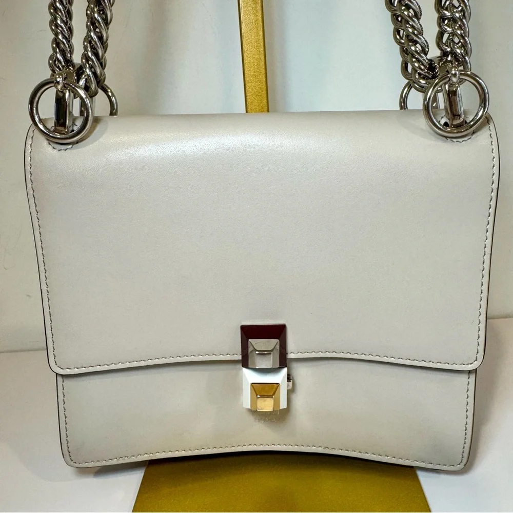 Fendi Kan I Small Shoulder Bag In Neutral Grey Leather W Silver Chain Strap
